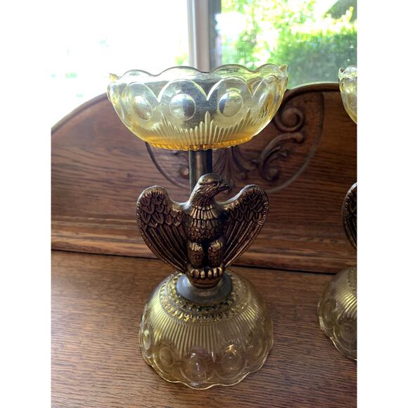 RARE Vintage Mid Century EAGLE Depression Glass & BRASS Candlesticks AMERICANA - Picture 4 of 14